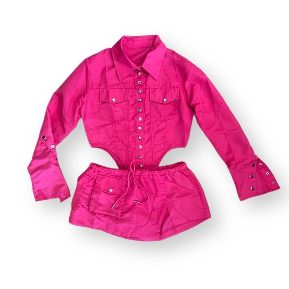 hot pink nylon bodysuit & skirt set (S)